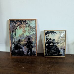 Antique Pair Of Bubble Glass Silhouette Reverse Painted On Convex Glass Set Of 2